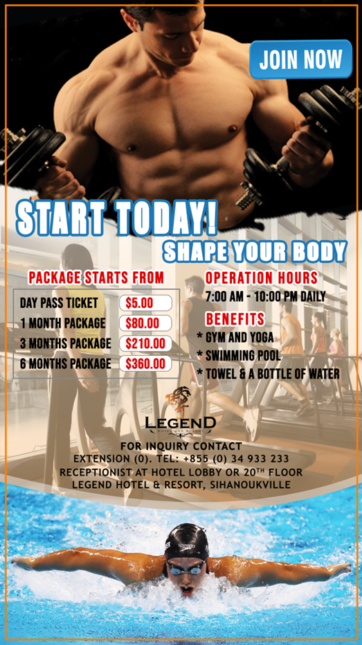 Preah Sihanouk gym promotion poster of Legend Hotel and Resort Sihanoukville with the list of package and its prices.